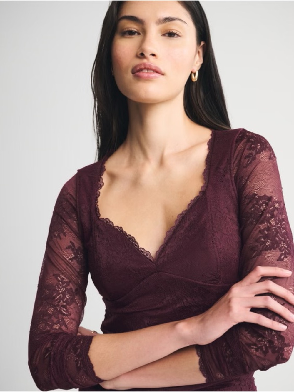 Abercrombie & Fitch Zoe Bra Free Long Sleeve Lace V-Neck Top Maroon Burgundy S